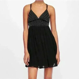 Zara Beaded Empire Waist V-Neck Chiffon Black Mini Dress